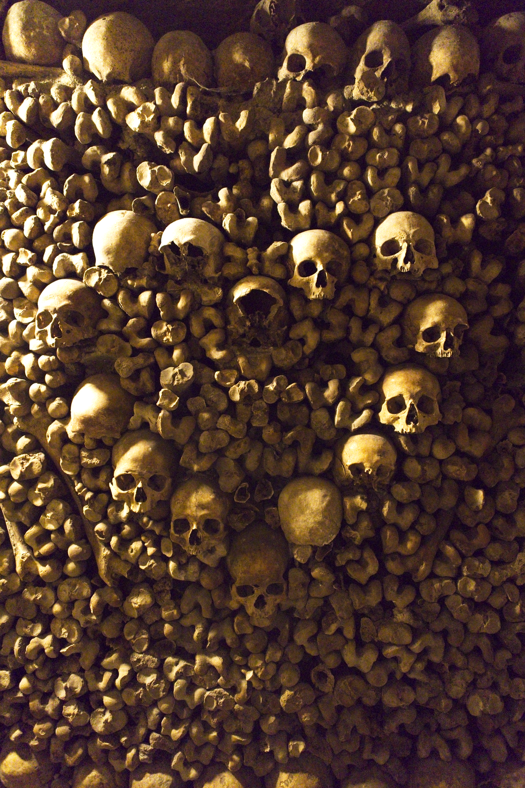 A dense and dramatic close-up shot of a vast accumulation of countless skulls, piled together to form a massive mound.
